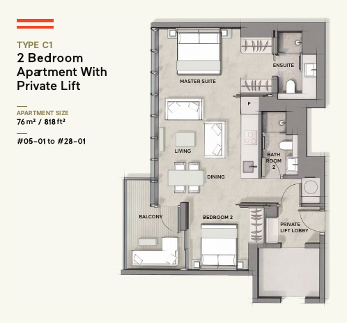 Type C1 · 2-Bedroom + Private Lift · 818 sqft