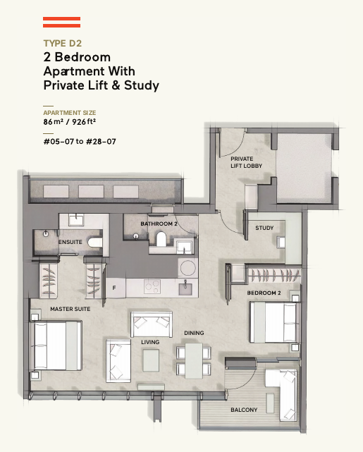 Type D2 · 2-Bedroom + Study + Private Lift · 926 sqft