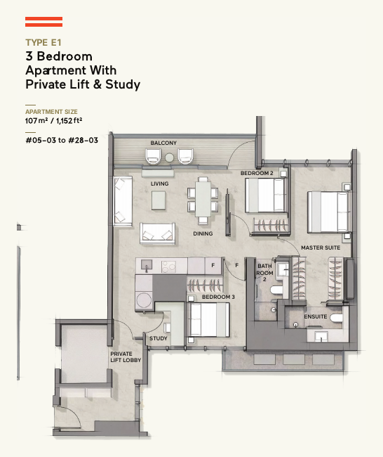 Type E1 · 3-Bedroom + Study + Private Lift · 1,152 sqft